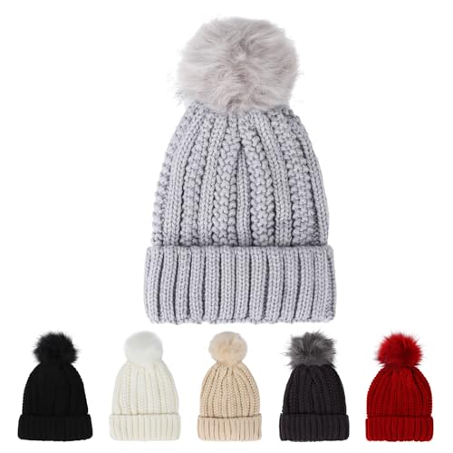 Beanie Mütze für Männer Frauen Weiche Wintermütze mit Kunstpelz Pompon Warme Strickmützen Mütze Unisex Klassischer Cuffed Plain Hut für Jungen Mädchen Herbst Winter (Hellgrau) von Hileyu