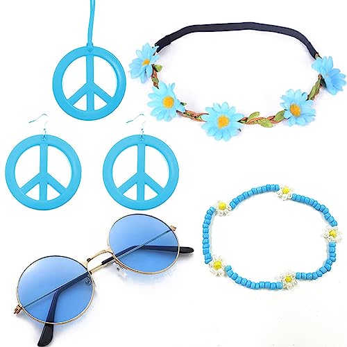 Hippie Kostüm Set Retro Hippie Accessoires Vintage Ankleidezubehör 60er 70er Jahre Kostüm Zubehö Hippie Partyzubehör Inklusive Vintage Brille Stirnband Halskette Ohrringe für Frauen (Hellblau) von Hileyu