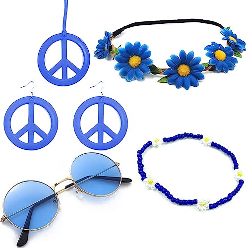 Hippie Kostüm Set Retro Hippie Accessoires Vintage Ankleidezubehör 60er 70er Jahre Kostüm Zubehö Hippie Partyzubehör Inklusive Vintage Brille Stirnband Halskette Ohrringe für Frauen (Dunkelblau) von Hileyu