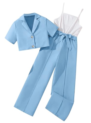 Hilinker 2-teiliges Outfit für Mädchen, kurzärmelig, Blazer und ärmelloser Jumpsuit mit Gürtel, blau / weiß, 11-12 Jahre Hilinker 2-teiliges Outfit für Mädchen, kurzärmelig, Blazer und ärmelloser Jumpsuit mit Gürtel, blau / weiß, 11-12 Jahre von Hilinker