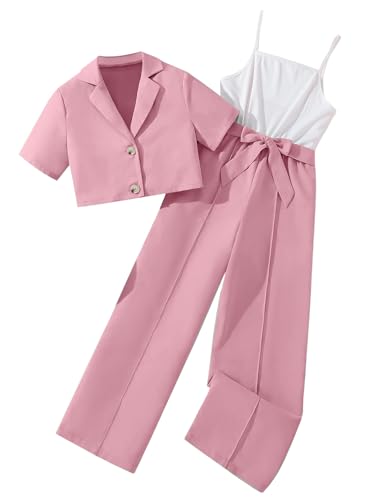Hilinker 2-teiliges Outfit für Mädchen, kurzärmelig, Blazer und ärmelloser Jumpsuit mit Gürtel, rosa / weiß, 13-14 Jahre Hilinker 2-teiliges Outfit für Mädchen, kurzärmelig, Blazer und ärmelloser Jumpsuit mit Gürtel, rosa / weiß, 13-14 Jahre von Hilinker