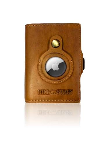 Hill Burry Airtag Wallet mit Kartenauswurf | RFID-Schutz | Airtag Portmonee Herren Slim Wallet aus echtem naturgegerbtem Leder | Mini Geldbörse | Kartenetui schieben | Portemonnaie Geldbeutel Braun von Hill Burry