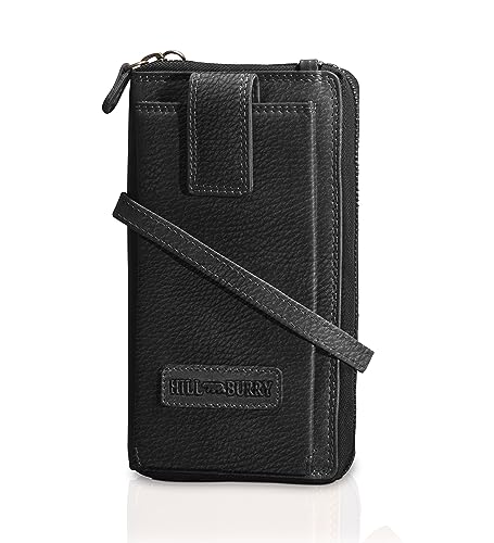 Hill Burry Echtleder Handy Portemonnaie Rinara I Geldbörse | Umhängetasche | Handy Wallet hochwertigem naturgegerbtem Leder | RFID Schutz | B 11cm x H 19,5cm x T 4,5cm (Schwarz) von Hill Burry