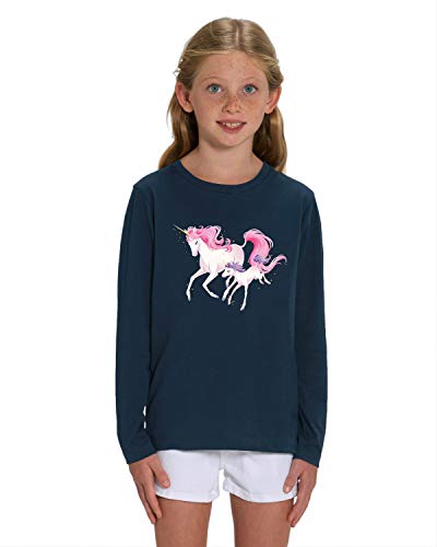 Hilltop Hochwertiges Kinder Mädchen Langarm T-Shirt aus 100% Bio Baumwolle mit wunderschönem Einhorn Motiv, Premium Kinder Tshirt für Freizeit und Sport, Size:134/146, Color:French Navy von Hilltop