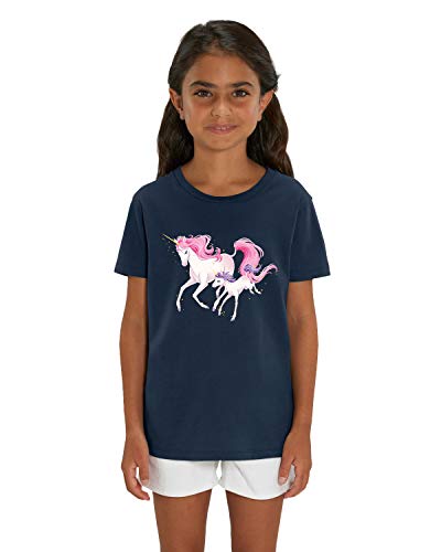 Hilltop Hochwertiges Kinder Mädchen T-Shirt aus 100% Bio Baumwolle mit wunderschönem Einhorn Motiv, Premium Kinder Tshirt für Freizeit und Sport, Size:110/116, Color:French Navy von Hilltop