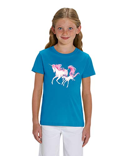 Hilltop Hochwertiges Kinder Mädchen T-Shirt aus 100% Bio Baumwolle mit wunderschönem Einhorn Motiv, Premium Kinder Tshirt für Freizeit und Sport, Size:122/128, Color:Azur Blau von Hilltop