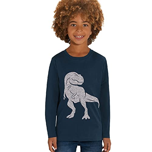 Kinder Langarmshirt aus Biobaumwolle mit Dinosaurier Glitzer Motiv, Size:152/164, Dino:Navy-Dino Silver von Hilltop