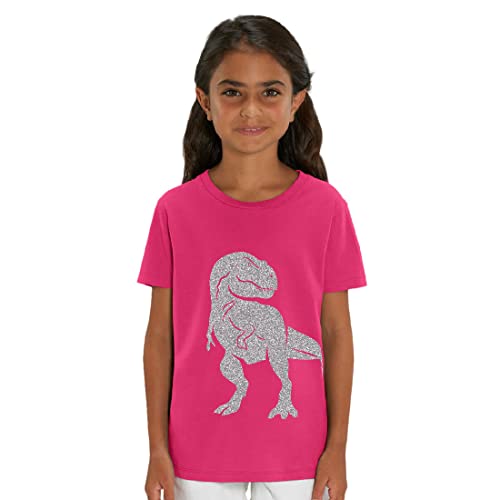 Kinder T-Shirt aus Biobaumwolle mit Dinosaurier Glitzer Motiv, Size:134/146, Dino:Raspberry-Dino Silver von Hilltop