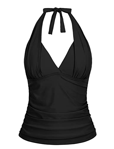 Hilor Women's Plunging V Neck Halter Swim Tops Shirred Tankini Top New Version Black 8 von Hilor