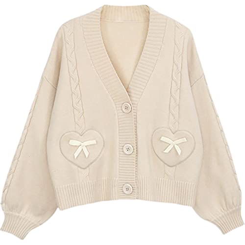 Damen Strickjacke Japanischer Stil Schleife Strickpullover Mädchen Niedlich Pullover Langarm Pullover V Ausschnitt Kurze Strickjacke Tops, beige, M von Himifashion