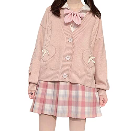 Damen Strickjacke Japanischer Stil Schleife Strickpullover Mädchen Niedlich Pullover Langarm Pullover V Ausschnitt Kurze Strickjacke Tops, rose, L von Himifashion