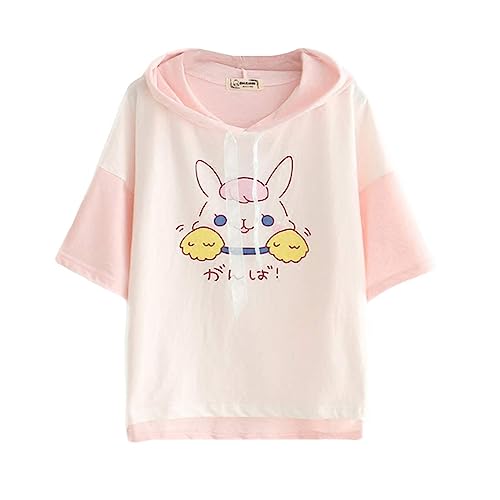 Frauen Mädchen Kapuze T-Shirt Nette Cartoon Kitty Print Kurzarm Tops Japanische Stil Baumwolle T-Shirts (Rosa) von Himifashion