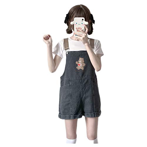 Himifashion Kawaii Denim Strampler Teen Mädchen Niedlich Bär Stickerei Jumpsuit Overalls Shorts Verstellbarer Riemen Ärmellose Strampler Gr. L, Schwarz von Himifashion