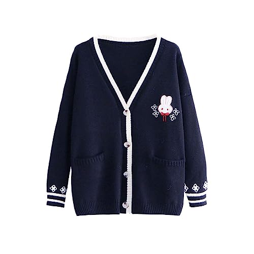 Himifashion Niedlicher Strick-Cardigan für Teenager, Mädchen, Kawaii-Bunny-Stickerei, langärmelig, Pullover mit Taschen, V-Ausschnitt, Schwarz , One size von Himifashion