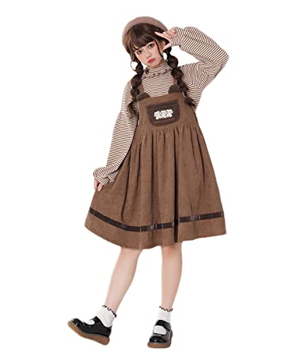 Kawaii-Kleid für Mädchen, niedlicher Bär, bestickt, Plüsch, Taschenträgerkleid, Teenager, japanischer Stil, Cord, Strapskleider, braun, 40 von Himifashion