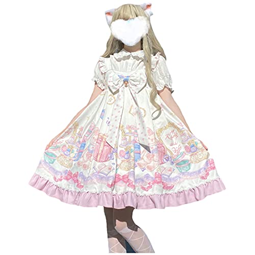 Lolita Kleid für Mädchen, niedliches japanisches Design, bedruckt, Schlingkleider mit großer Schleife, Partykleid Gr. M , weiß von Himifashion