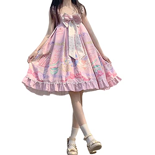 Lolita Kleid für Mädchen, niedliches japanisches Design, bedruckt, Schlingkleider mit großer Schleife, Partykleid Gr. S, rose von Himifashion