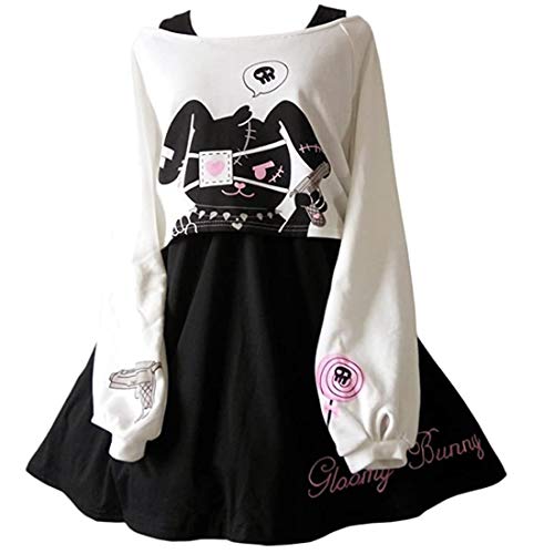 Himifashion Frauen Mädchen Kleider Kawaii Hase Druck 2 Stück Japanisch Kostüm Schwarz Weiß Baumwolle, , 36 von Himifashion