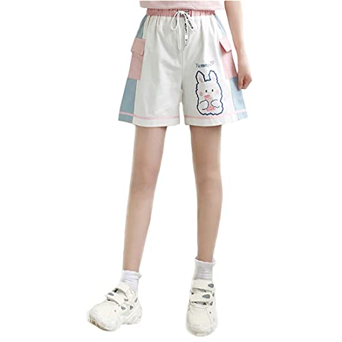Süße Sommer-Shorts für Damen und Mädchen, japanischer Stil, Häschen-Stickerei, Urlaubs-Shorts, Hotpants, lässige Baumwoll-Shorts, weiß, One size von Himifashion
