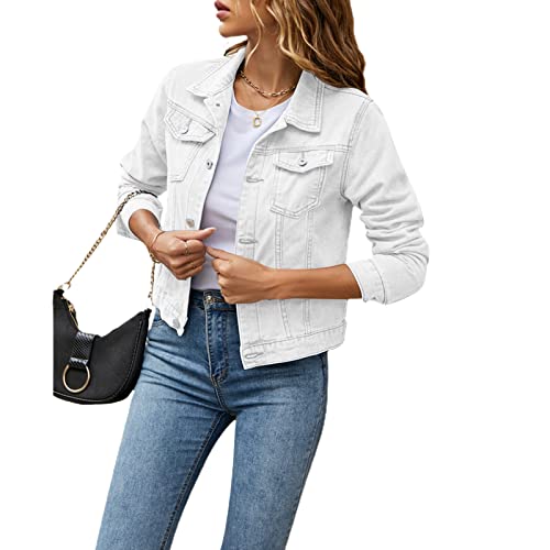 Damen Jeans Jacke Langarm Einfarbig Knopf Kurze Jeansjacke mit Taschen Leichte Jacken für Frauen Fashion Aesthetic Vintage Streetwear (Weiß, M) von Himllauen