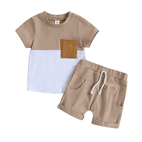 Himllauen Baby Jungen Kleidung Sommer Kinder Outfits Patchwork T-Shirt + Shorts Zweiteiler Babykleidung Neugeborene Set (B Khaki + Weiß, 12-18 Months) von Himllauen