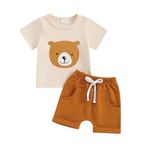 Himllauen Baby Jungen Kleidung Sommer Zweiteiler Set Tier Print T-Shirt + Shorts Neugeborene Kleidung 0-3 Jahre Kinder Outfit (Bär Khaki & Braun, 18-24 Months) von Himllauen