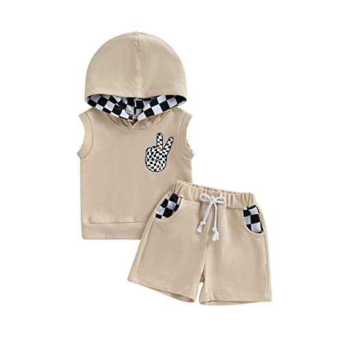 Himllauen Baby Jungen Kleidung Tank Top und Shorts Zweiteiler Set Neugeborene Babykleidung Sommer Kinder Outfit (B Khaki mit Kapuze, 12-18 Months) von Himllauen