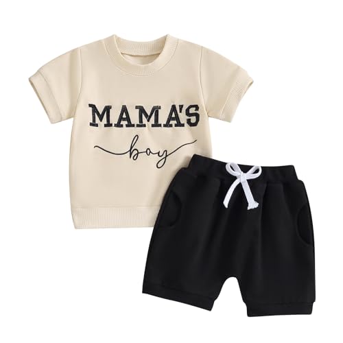 Himllauen Baby Jungen Sommer Outfit T-Shirt + Shorts Zweiteiler Babykleidung Neugeborene 0-3 Jahre Kinder Kleidung (Mama's Boy 5 Khaki & Schwarz, 2-3 Years) von Himllauen