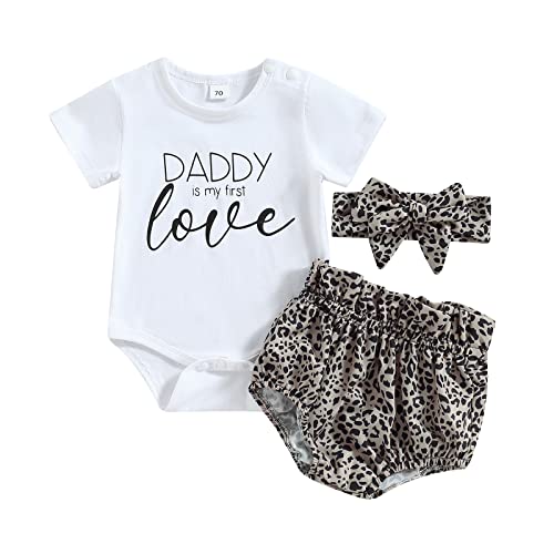 Himllauen Baby Mädchen Set Body + Shorts + Stirnband Süß Babykleidung Neugeborene 0-18 Monate Kleinkind Kleidung (Daddy is my first Love Khaki Leopard, 0-3 Months) von Himllauen