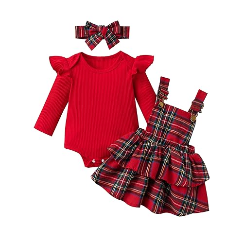 Himllauen Baby Mädchen Weihnachtsoutfit Langarm Body + Karo Straps Rock + Haarband 3tlg Set Kleinkind Outfit Weihnachten Kleidung (Rot B, 12-18 Months) von Himllauen