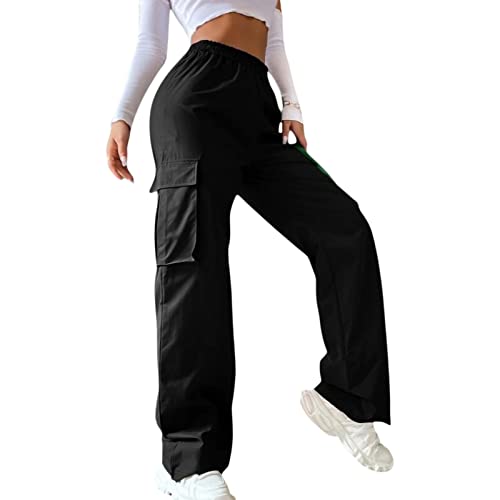 Himllauen Damen Cargohose Y2K Vintage Einfarbig Hose mit Taschen Fashion Cargo Hosen Y2k Freizeithose für Frauen (A-Schwarz, L) von Himllauen