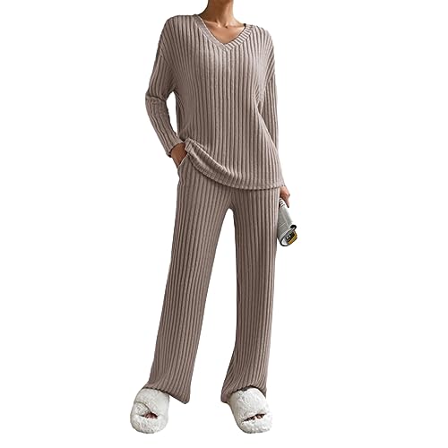 Himllauen Damen Gestrickt Loungewear Langarm Oversize Oberteil + Weite Hose Zweiteiler Pyjamas Set Schlafanzug für Damen (B Dunkelkhaki, XL) von Himllauen