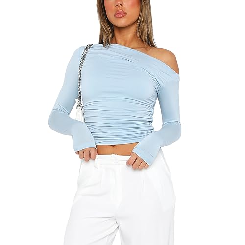 Himllauen Damen Langarmshirt Schulterfrei Crop Top Einfarbig Slim Fit Shirt Frauen Frühling Herbst Fashion Oberteile (A Hellblau, L) von Himllauen