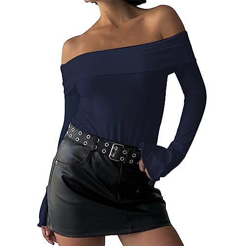 Himllauen Damen Langarmshirt Schulterfrei Crop Top Einfarbig Slim Fit Shirt Frauen Frühling Herbst Fashion Oberteile (E Dunkelblau, M) von Himllauen