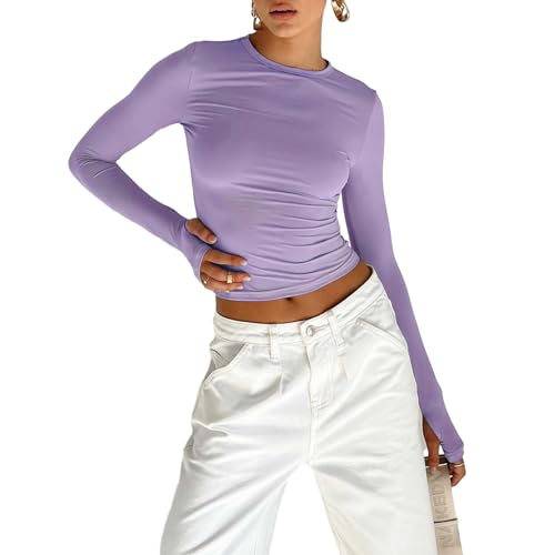 Himllauen Damen Langarmshirt Slim Fit Einfarbig Langarm Shirt Y2k Clothes Elegant Sexy Crop Tops Sport Yoga Longsleeve für Frauen Mädchen (A Lila, L) von Himllauen