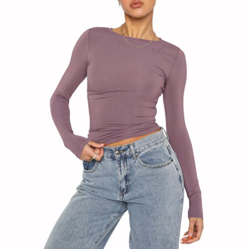 Himllauen Damen Langarmshirt Y2k Tops Sexy Oberteil Einfarbig Sweatshirt Langarm Crop Top Y2K Aesthetic Clothes Slim Oberteile Langarm Shirt (E Lila, M) von Himllauen