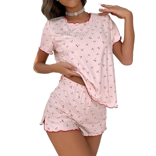 Himllauen Damen Lounge Set Kurz Pyjama T-Shirt Top Shorts Zweiteiler Outfit Sommer Elegant Sexy Schlafanzug Y2k Clothes (D Rosa, S) von Himllauen