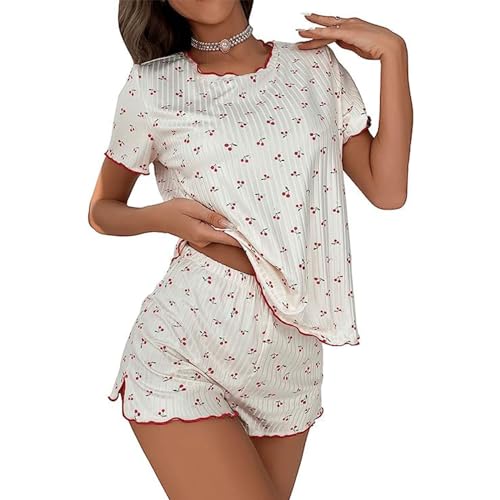 Himllauen Damen Lounge Set Kurz Pyjama T-Shirt Top Shorts Zweiteiler Outfit Sommer Elegant Sexy Schlafanzug Y2k Clothes (D Rote Kirschen, S) von Himllauen