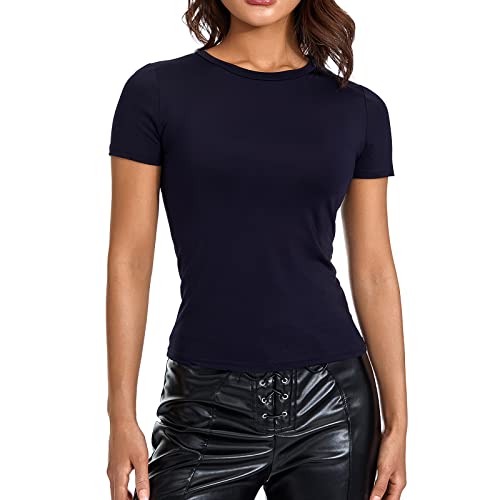 Himllauen Damen T-Shirt Sommer Crop Top Slim Fit Kurzarm Shirt Sommer Basic Oberteil für Frauen Mädchen Fashion Tops Y2k Clothes (A Dunkelblau, M) von Himllauen