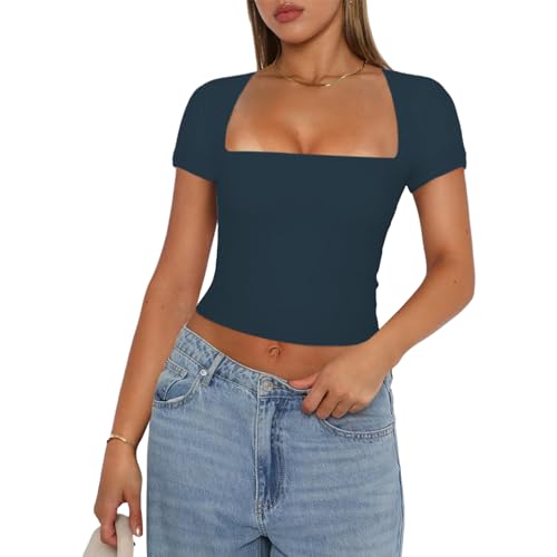 Himllauen Damen T-Shirt Sommer Crop Top Slim Fit Kurzarm Shirt Sommer Basic Oberteil für Frauen Mädchen Fashion Tops Y2k Clothes (B Dunkelblau, M) von Himllauen