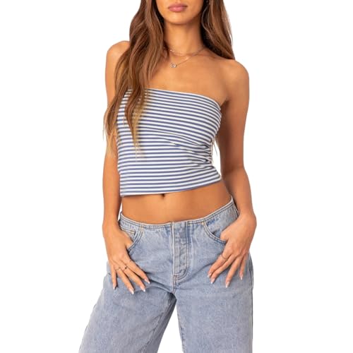 Himllauen Damen Tube Top Elegant Trägerloses Top Sexy Crop Top Schulterfreies Oberteil Sommer Slim Fit Bandeau Top (A Blau Weiß Streifen, S) von Himllauen