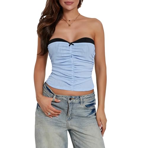 Himllauen Damen Tube Top Elegant Trägerloses Top Sexy Crop Top Schulterfreies Oberteil Sommer Slim Fit Bandeau Top (C Hellblau, S) von Himllauen