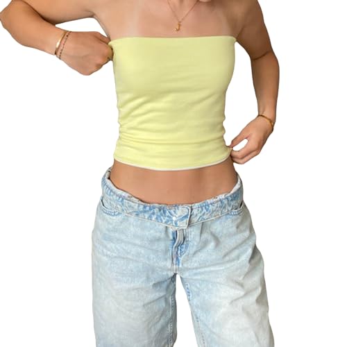 Himllauen Damen Tube Top Trägerloses Top Sexy Elegant Bandeau Top Damen Schulterfreies Oberteil Sommer Slim Fit Oberteile (C Hellgelb, L) von Himllauen