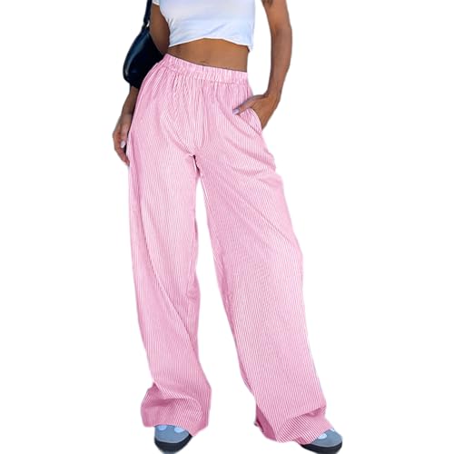 Himllauen Damen Y2k Hose Freizeithose Gestreifte Baggy Hose Bequeme Hosen Leichte Sommerhose Jogginghose Pyjamahose (D Rosa, M) von Himllauen