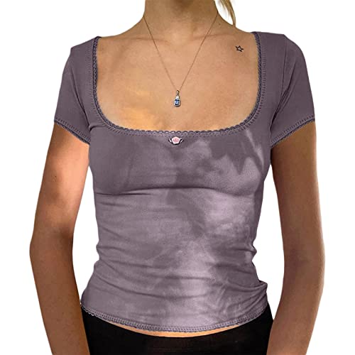 Himllauen Damen Y2k Kurzarm Crop Top Lace Spitze Tshirt Y2k Slim Fit Tshirt Sommer Basic T-Shirts für Damen Mädchen Sexy Elegant Y2k Clothes (H Lila, S) von Himllauen