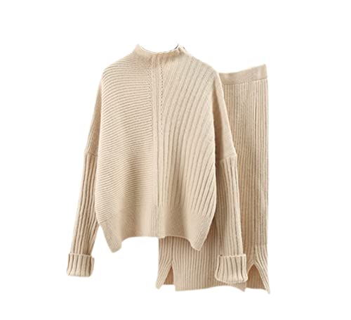 Herbst 2-teiliges Set für Damen, langärmelig, lockerer weicher Strick-Pullover + hohe Taille, Rock, zweiteiliges Strickröcke-Set, Beige/Weiß, One size von Hinewsa