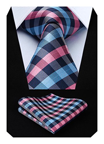 HISDERN Herren Krawatte Hochzeit Check Krawatte & Einstecktuch Set Pink Blau von HISDERN