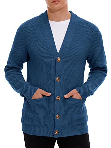 Hisir Strickjacke Herren Pullover Cardigan Feinstrick Klassischer V Ausschnitt Winter Warme Weiche Strickjacken mit Knöpfe und Taschen, Langarm Strickpullover Pullover für Männer (08 VC Blau, M) von Hisir