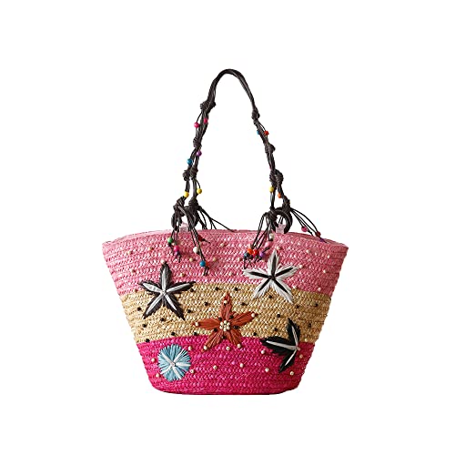 Hixingo Strohtaschen Damen Groß Kapazität Strandtasche Stroh Totes Taschen, Sommer Boho Strand Gewebte Tasche Frauen Schultertaschen, Strohsack für Reisen Urlaub (Rosa,41x28x28cm) von Hixingo