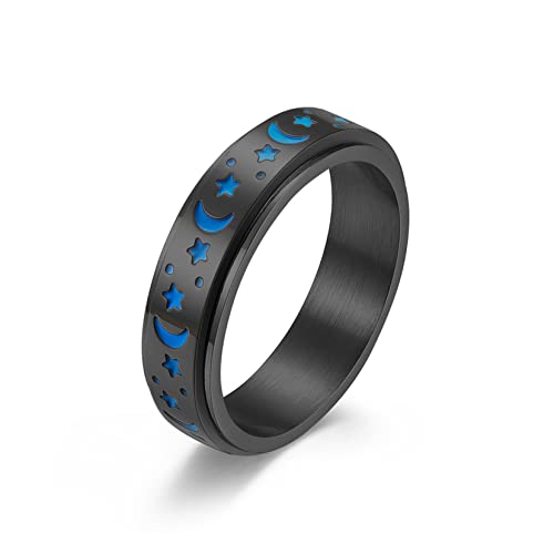 Hmooy Edelstahl Spinner Ringe für Damen Herren, Mondstern Drehbar Leuchtring Fidget Ring für Angst Stressabbauende Hochzeit Verlobung Versprechen Band Ringe Größe 7-11 (Schwarz, 11) von Hmooy